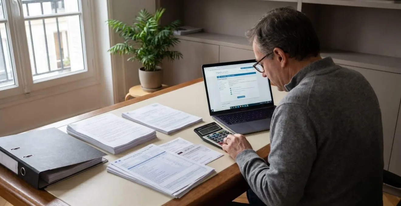 Espace de travail d'un contribuable préparant sa déclaration de revenus fonciers avec attestations d'intérêts d'emprunt, calculatrice et logiciel fiscal